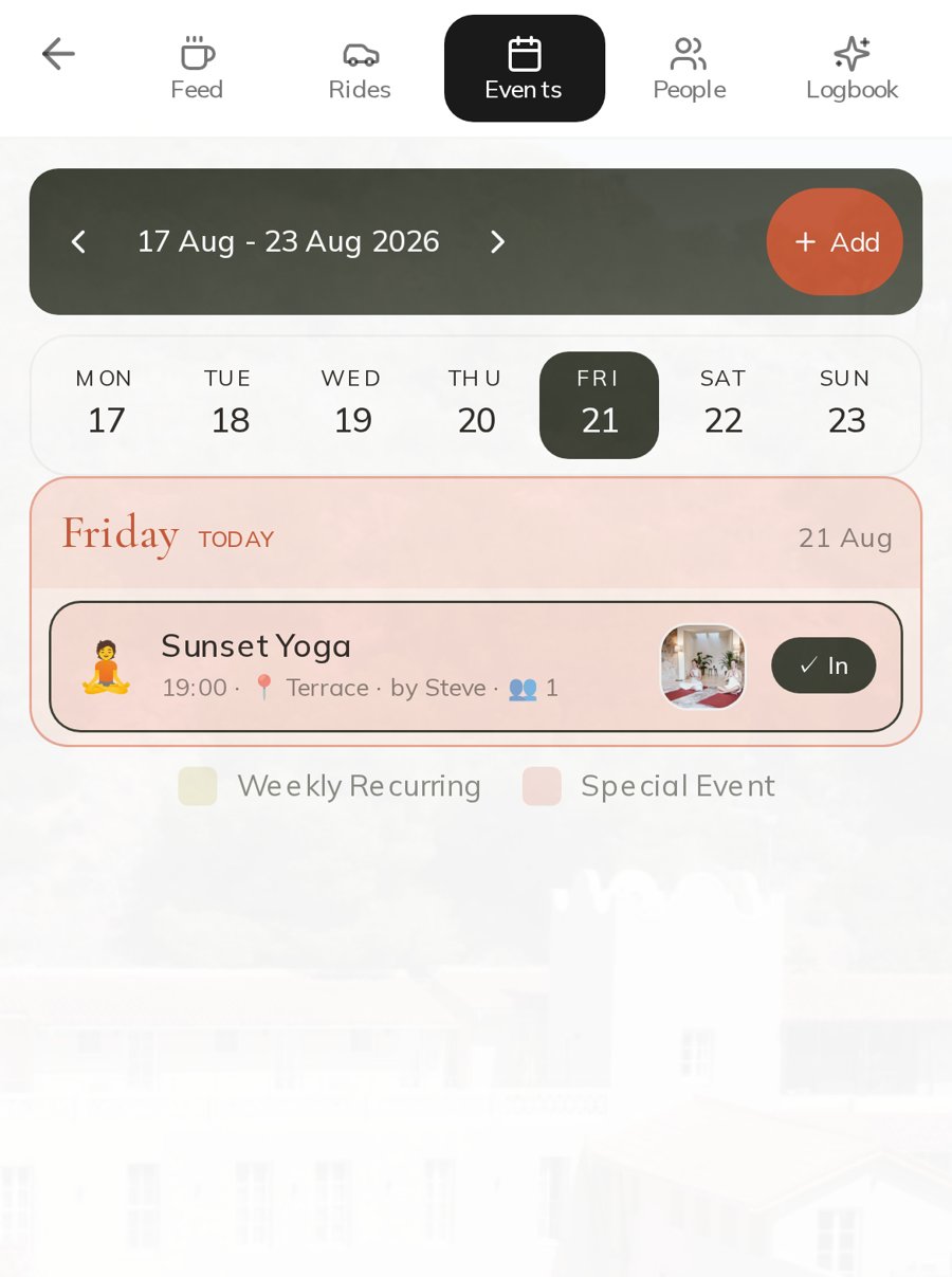 The Savi app — this week's events at the house