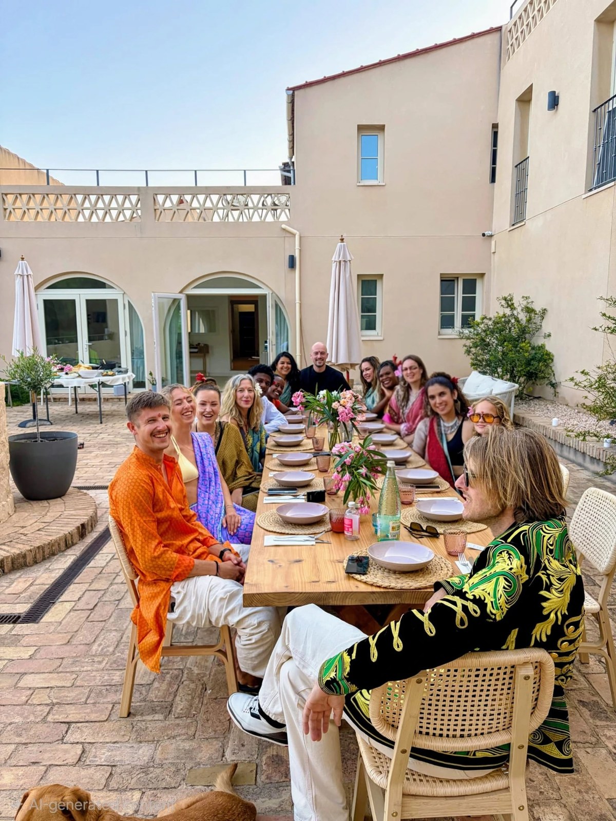 Guests sharing dinner in the courtyard at Savi Coliving